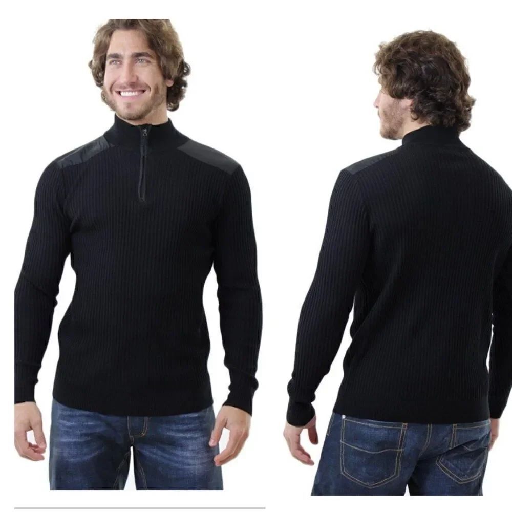 Bugatchi Uomo Black Rib Knit Quarter Zip Sweater Wool Blend Mock Neck L